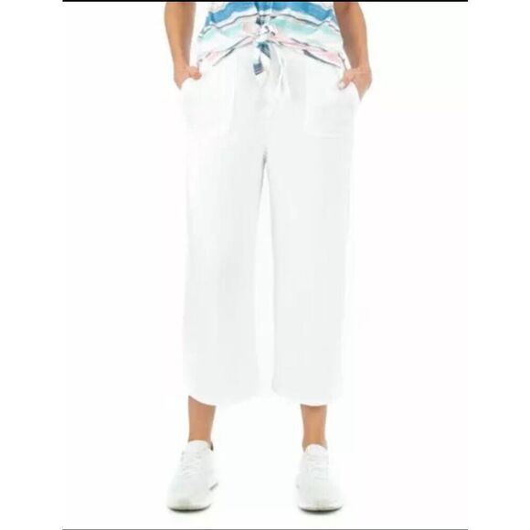 Zac & Rachel Crop Pants Linen Blend  Wide Leg White Belted Buckle Size XL 16 18 - Picture 1 of 7